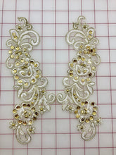 Applique - White and Gold Lace Sequined Pairs 3-in x 9-in